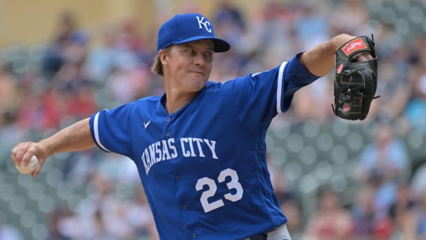 May 29, 2022; Minneapolis, Minnesota, USA; Kansas City Royals starting pitcher Zack Greinke (23) throws a pitch against the Minnesota Twins during the first inning at Target Field. Mandatory Credit: Jeffrey Becker-USA TODAY Sports